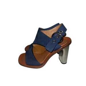 Celine Phoebe Philo Navy Suede Ring Slingback Metal Heel Sandals SZ 36